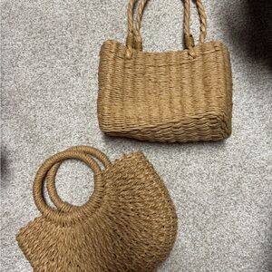 Tan Woven Straw Handbag Set